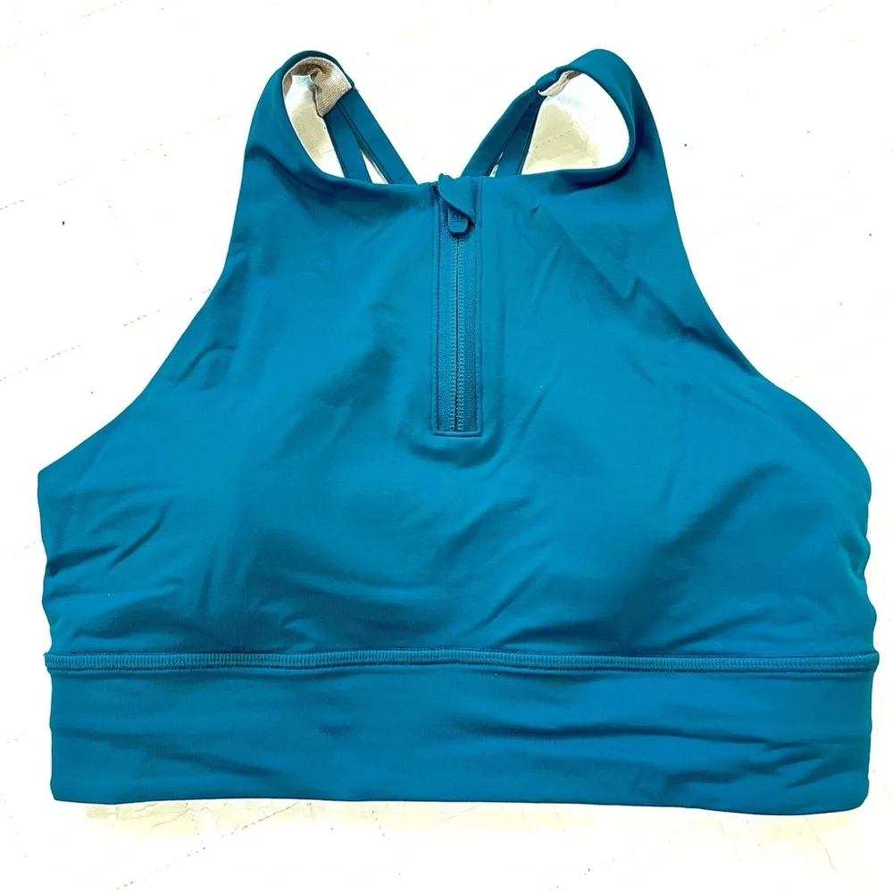 Lululemon Women’s Teal High-Neck Sports Bra w/Front Zip & Cross Back Straps
